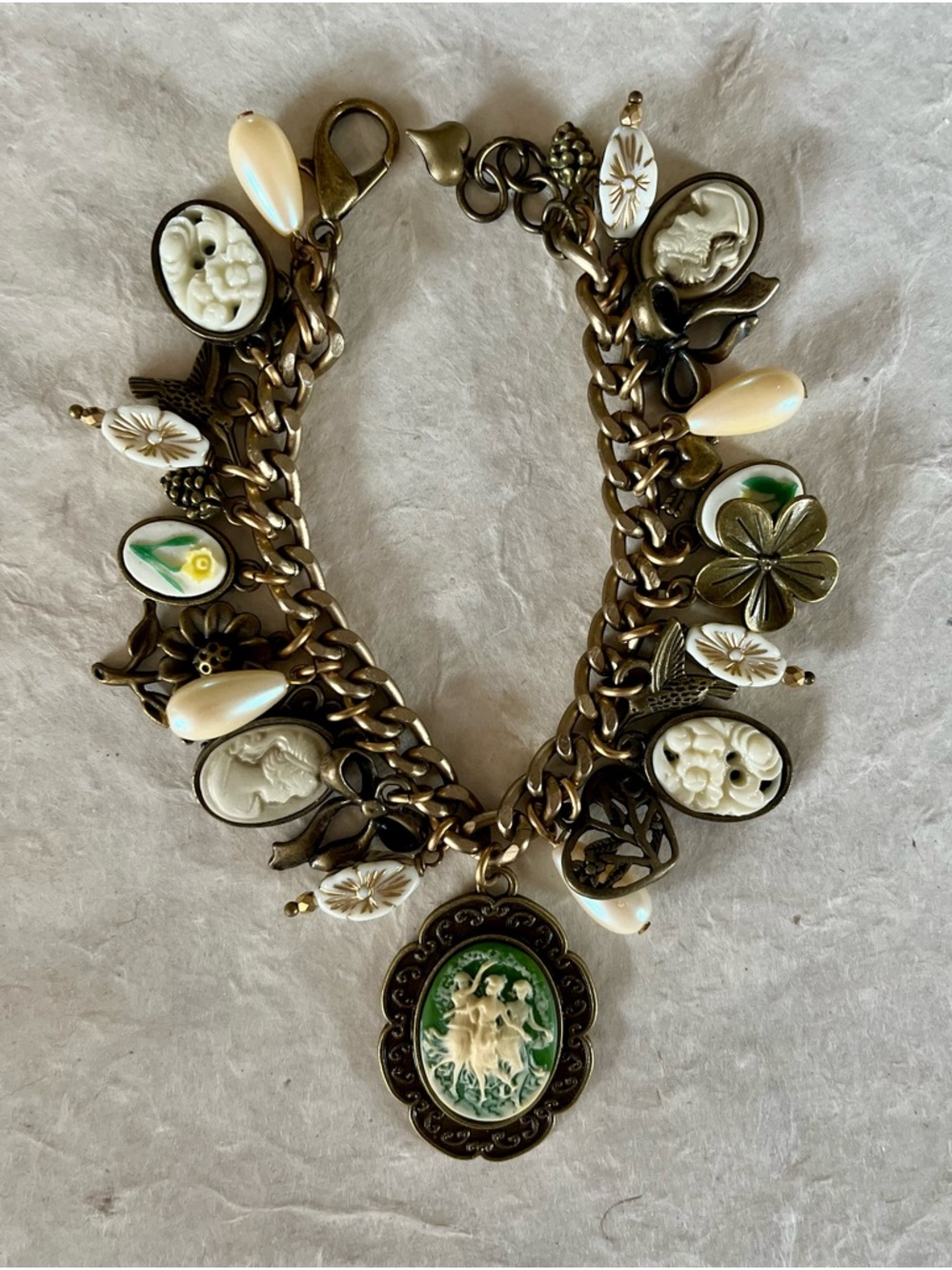 Victorian Inspired Cameos Charm Bracelet Three Graces Wedgwood Sage Green